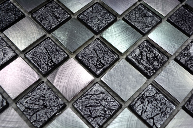 Mosaico parete posteriore alluminio vetro mosaico alluminio scacchiera nero argento MOS49-0302_f