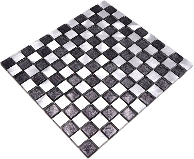 Mosaico parete posteriore alluminio vetro mosaico alluminio scacchiera nero argento MOS49-0302_8mm_f