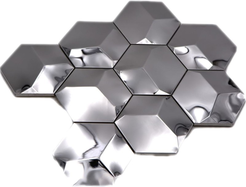 Pannello posteriore a mosaico acciaio inox argento esagono 3D acciaio lucido MOS129-HXM10SG_f