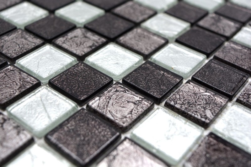 Pannello posteriore a mosaico in vetro nero mosaico argento nero struttura MOS126-1703_f