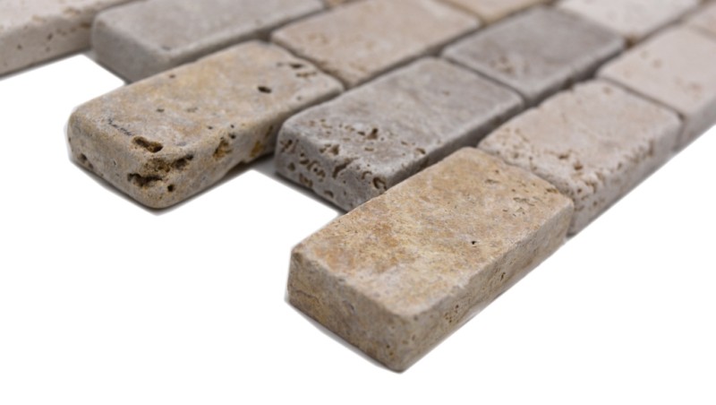 Piastrella a mosaico Travertino pietra naturale beige marrone Mattone Travertino burattato MOS43-46474_f