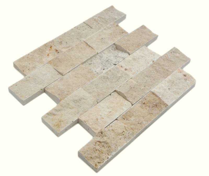 Piastrella di mosaico Travertino pietra naturale beige Brick Splitface Chiaro Travertino 3D MOS43-1206_f