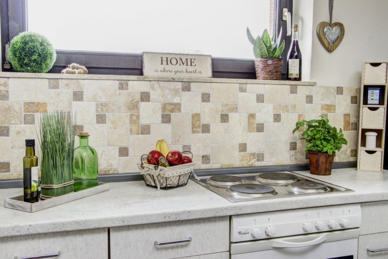 Piastrella a mosaico Backsplash di piastrelle Travertino pietra naturale beige marrone Mini Pattern Travertino MOS43-1204_f