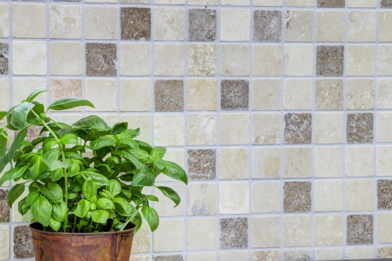 Piastrella a mosaico backsplash Travertino pietra naturale beige marrone Chiaro + Noche Travertino MOS43-1216_f