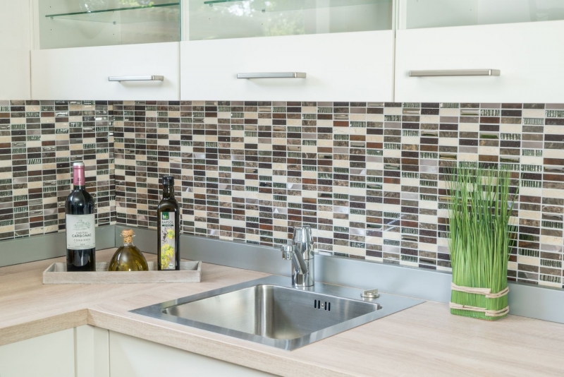 Piastrella di mosaico Composito traslucido Alluminio beige marrone argento nero Rettangolo Mosaico di vetro Cristallo Pietra artificiale Alu EP beige marrone MOS87-SM48_f