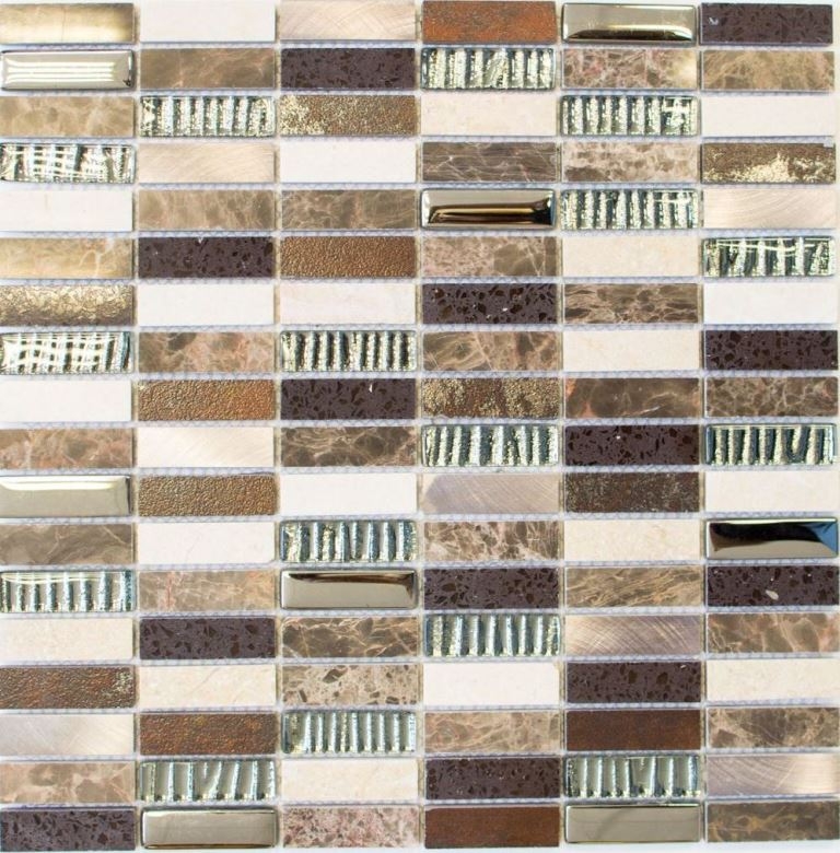 Piastrella di mosaico Composito traslucido Alluminio beige marrone argento nero Rettangolo Mosaico di vetro Cristallo Pietra artificiale Alu EP beige marrone MOS87-SM48_f