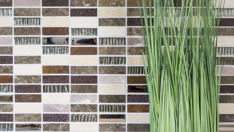 Piastrella di mosaico Composito traslucido Alluminio beige marrone argento nero Rettangolo Mosaico di vetro Cristallo Pietra artificiale Alu EP beige marrone MOS87-SM48_f