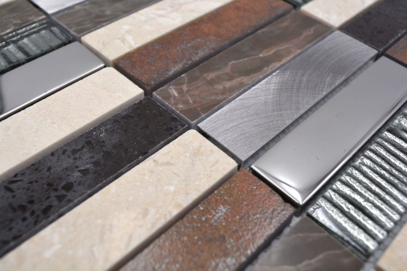 Piastrella di mosaico Composito traslucido Alluminio beige marrone argento nero Rettangolo Mosaico di vetro Cristallo Pietra artificiale Alu EP beige marrone MOS87-48X_f