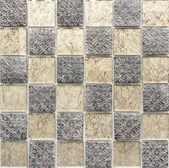 Piastrella di vetro a mosaico champagne nero aspetto resina backsplash cucina doccia parete MOS78B-0702