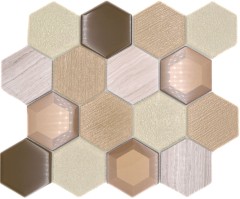 Mosaico di vetro esagonale in pietra naturale beige crema bronzo marmo alzatina parete bagno WC - MOS11E-77