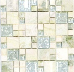 Piastrella di mosaico Mosaico di vetro traslucido oro verde chiaro combinato Pietra di cristallo Onice oro MOS88-MC639_f