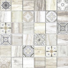 Piastrella di mosaico patchwork crema marrone piastrella di mosaico muro piastrella specchio legno aspetto bagno MOS160-w100