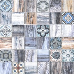 Piastrella a mosaico patchwork blu grigio effetto legno MOS160-w400